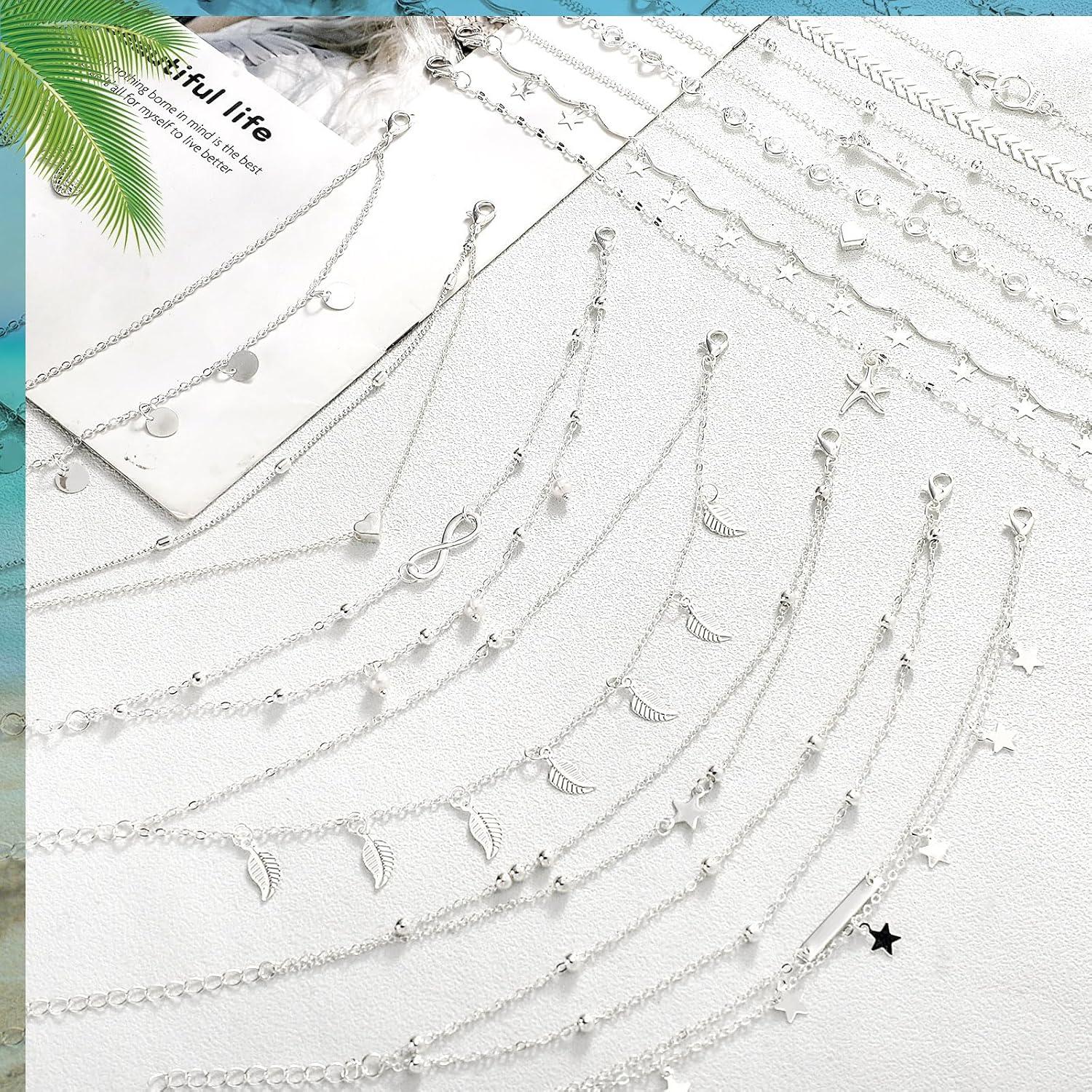 Conjunto 16 Pulseras de Tobillo Hicarer Plata Ajustables