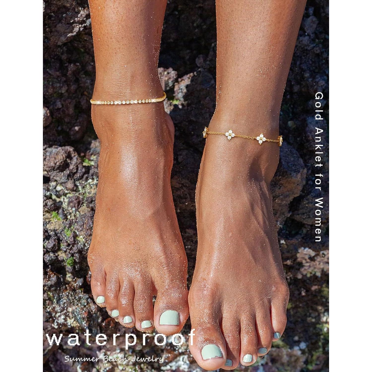 Pulsera de Tobillo de Oro RLMOON 14K CZ Ajustable para Mujeres