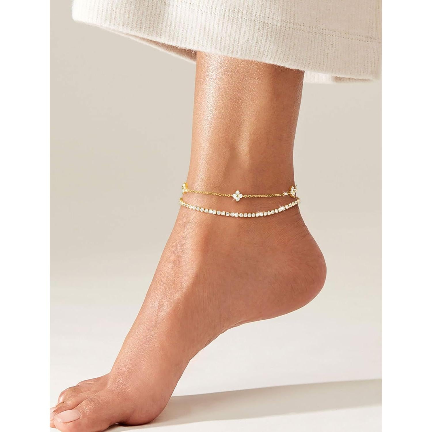 Pulsera de Tobillo de Oro RLMOON 14K CZ Ajustable para Mujeres