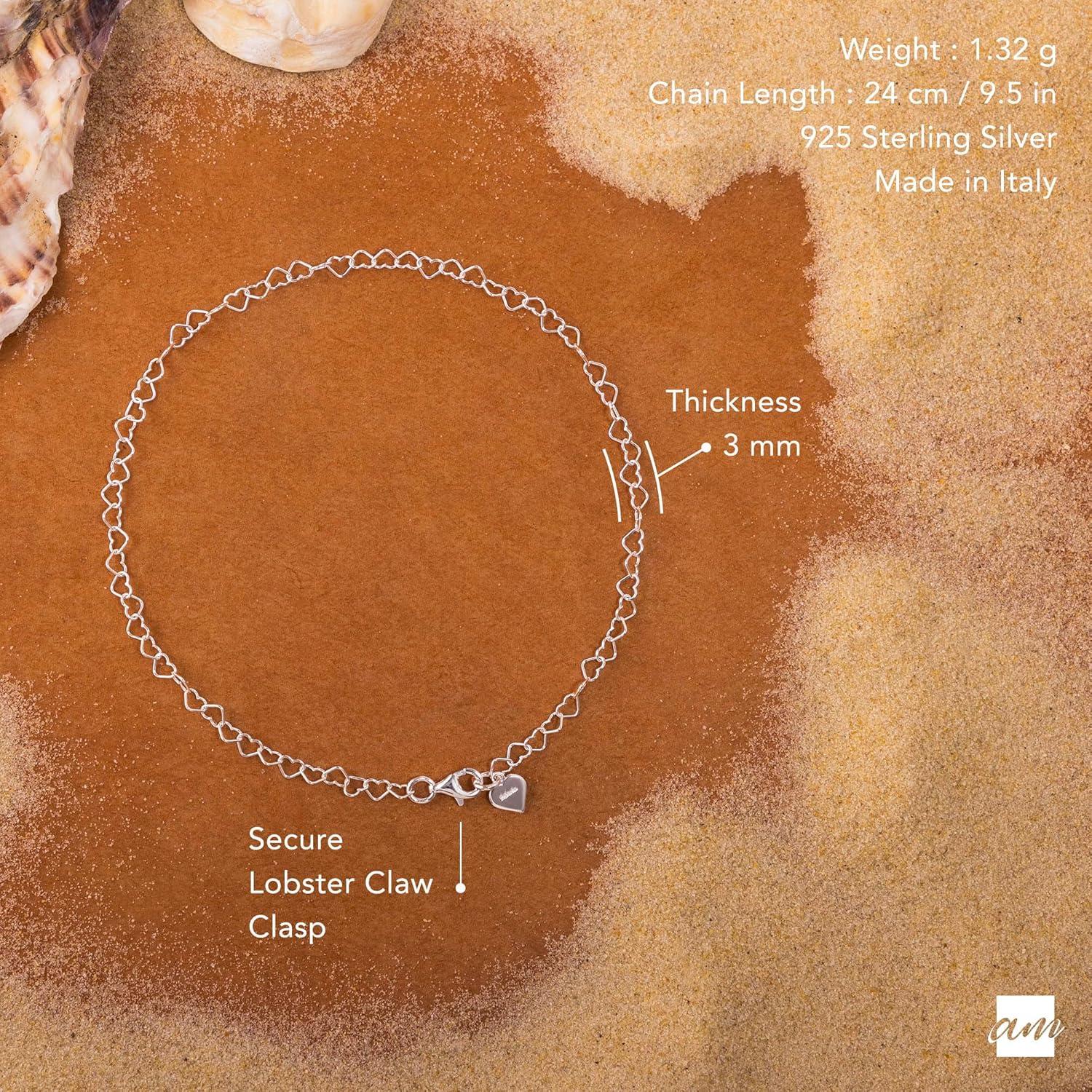 Tobillera de Plata Esterlina 925 Amberta Corazones 25 cm