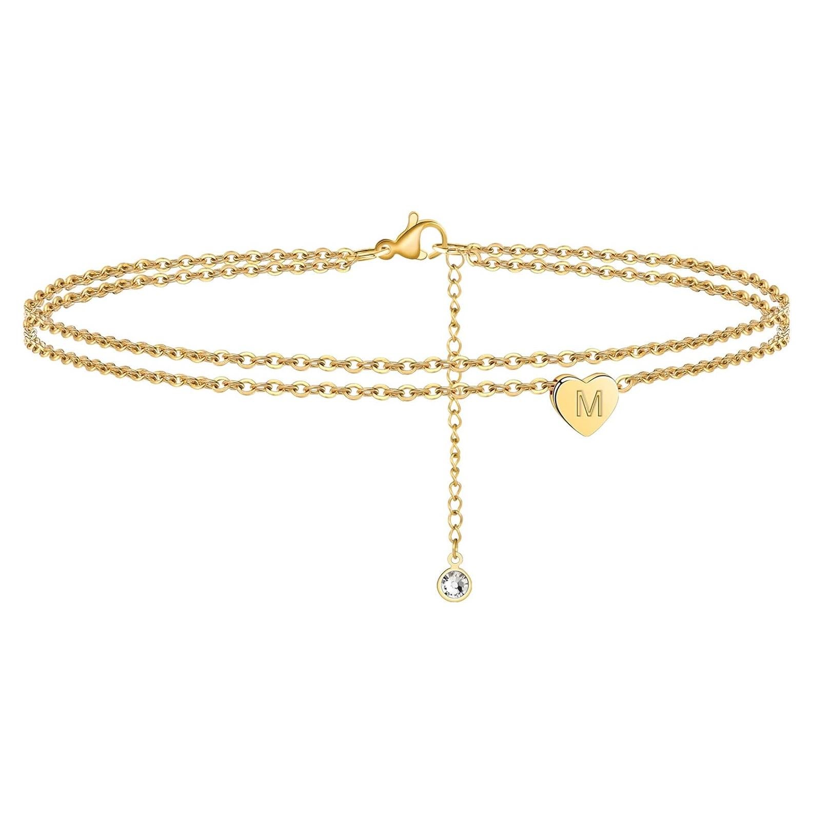 Pulsera de Tobillo Ursteel Oro 14K con Inicial Ajustable 21.6cm
