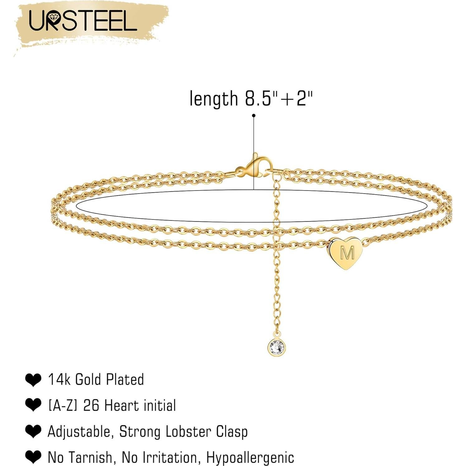 Pulsera de Tobillo Ursteel Oro 14K con Inicial Ajustable 21.6cm