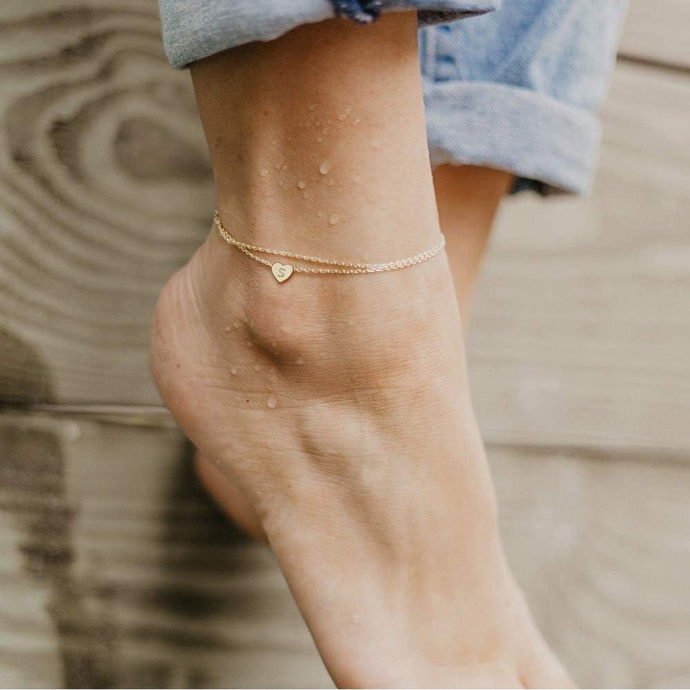 Pulsera de Tobillo Ursteel Oro 14K con Inicial Ajustable 21.6cm