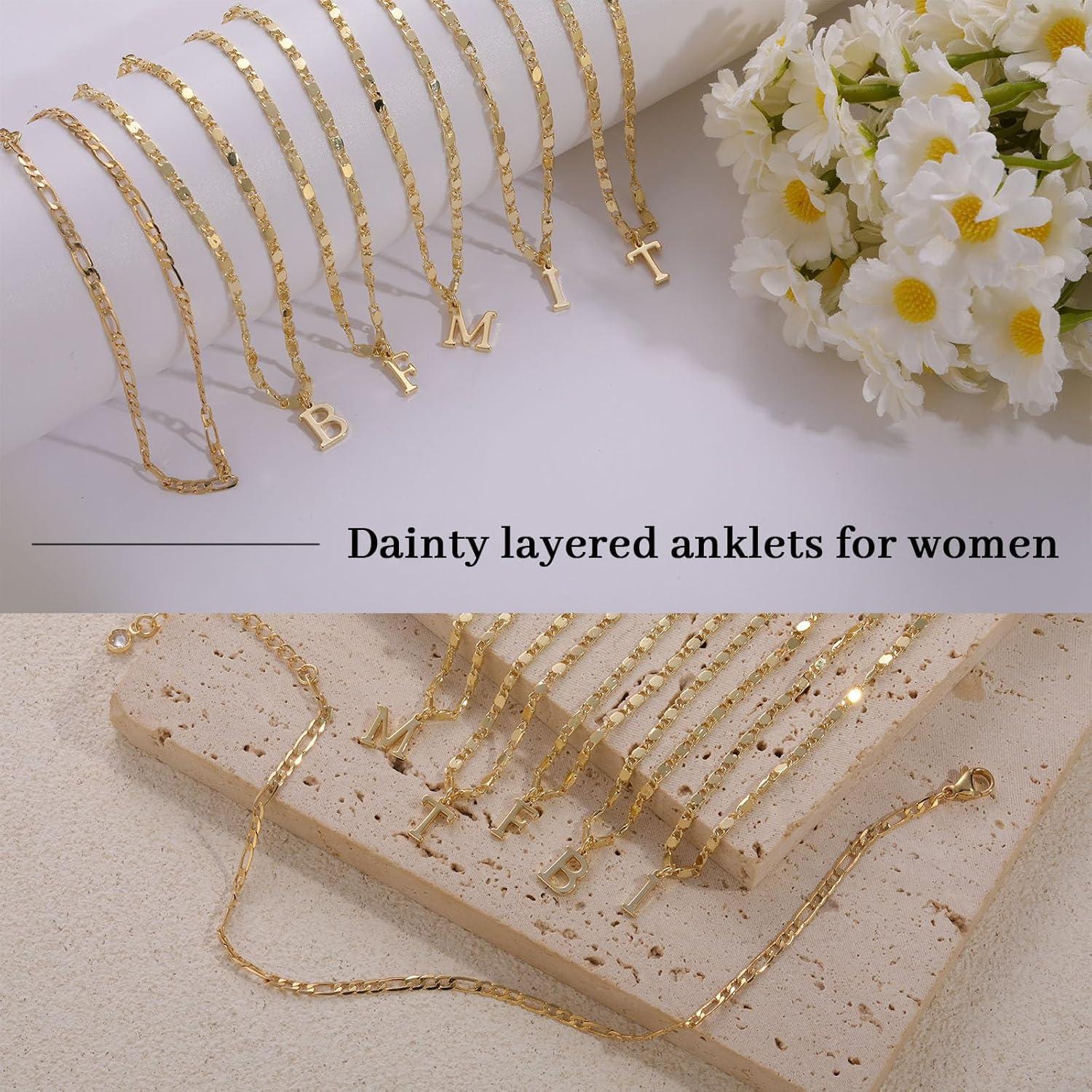 Pulsera de Tobillo Iniciales Tasiso Oro 14K Ajustable 21.6 cm