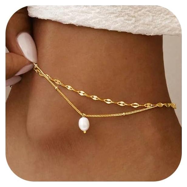 Pulsera de Tobillo Bheop Oro 14K Ajustable con Perla y Ojo Maligno