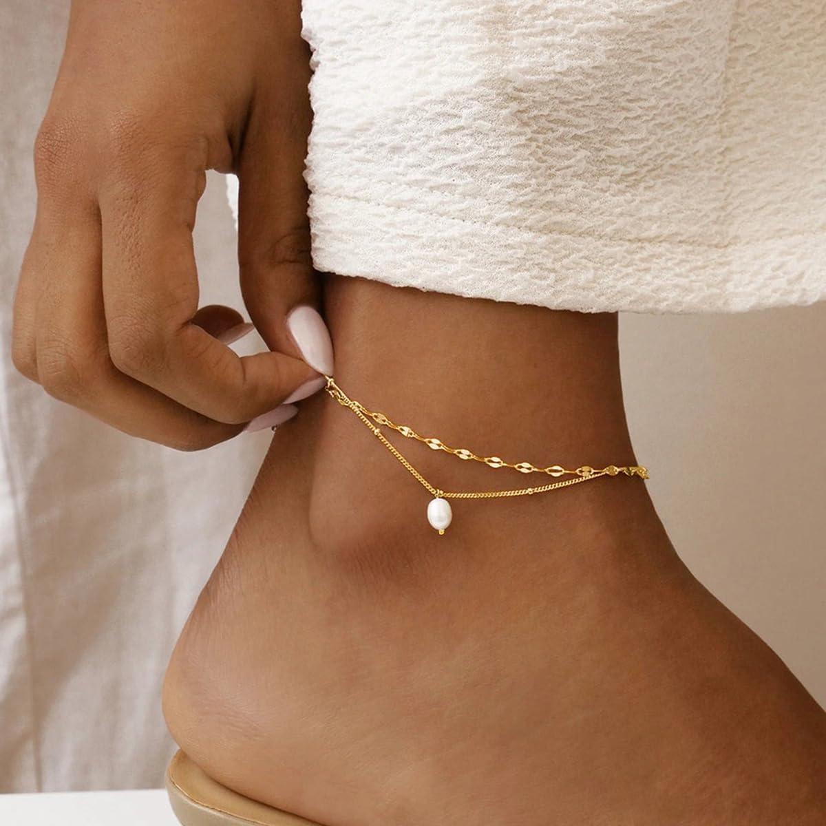 Pulsera de Tobillo Bheop Oro 14K Ajustable con Perla y Ojo Maligno