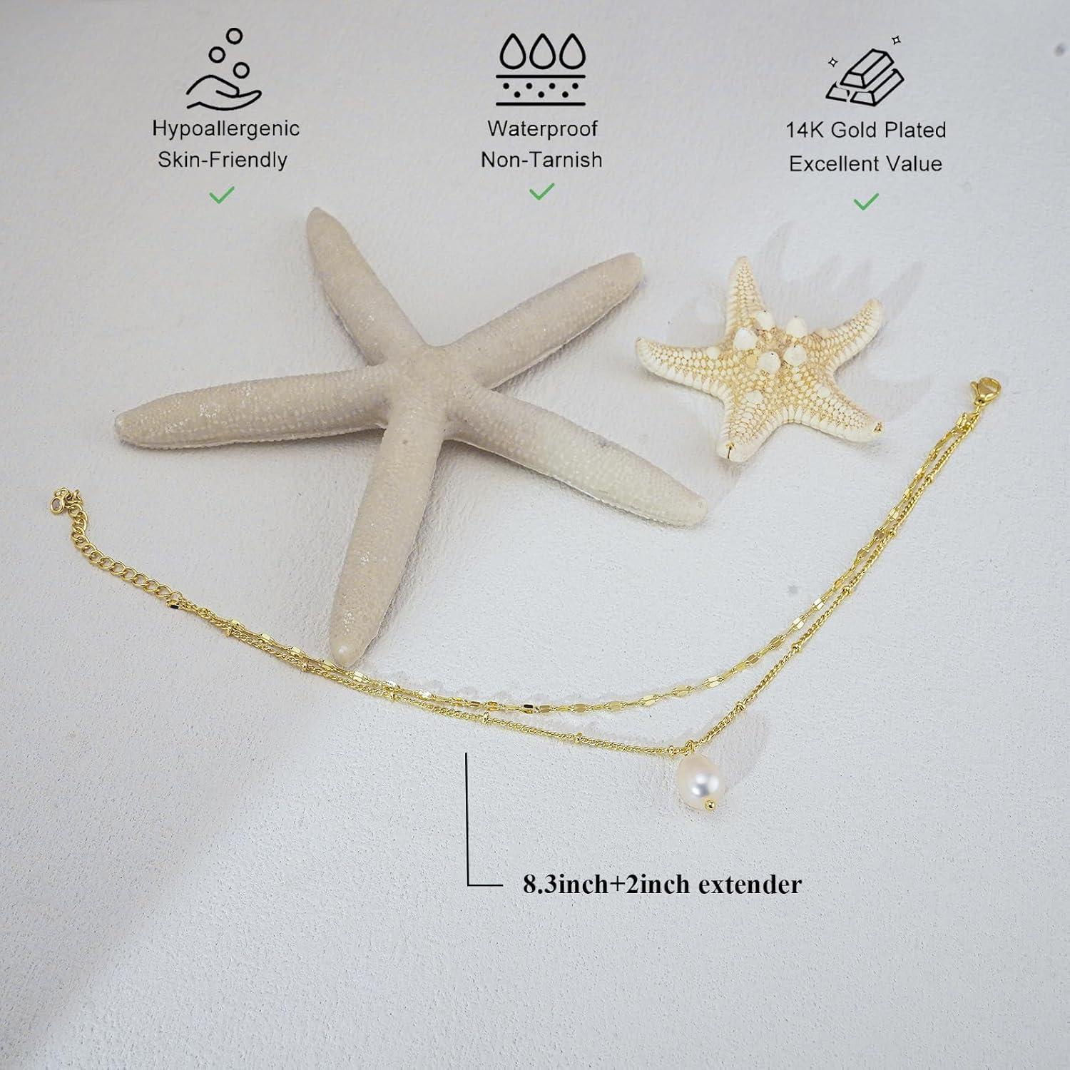 Pulsera de Tobillo Bheop Oro 14K Ajustable con Perla y Ojo Maligno