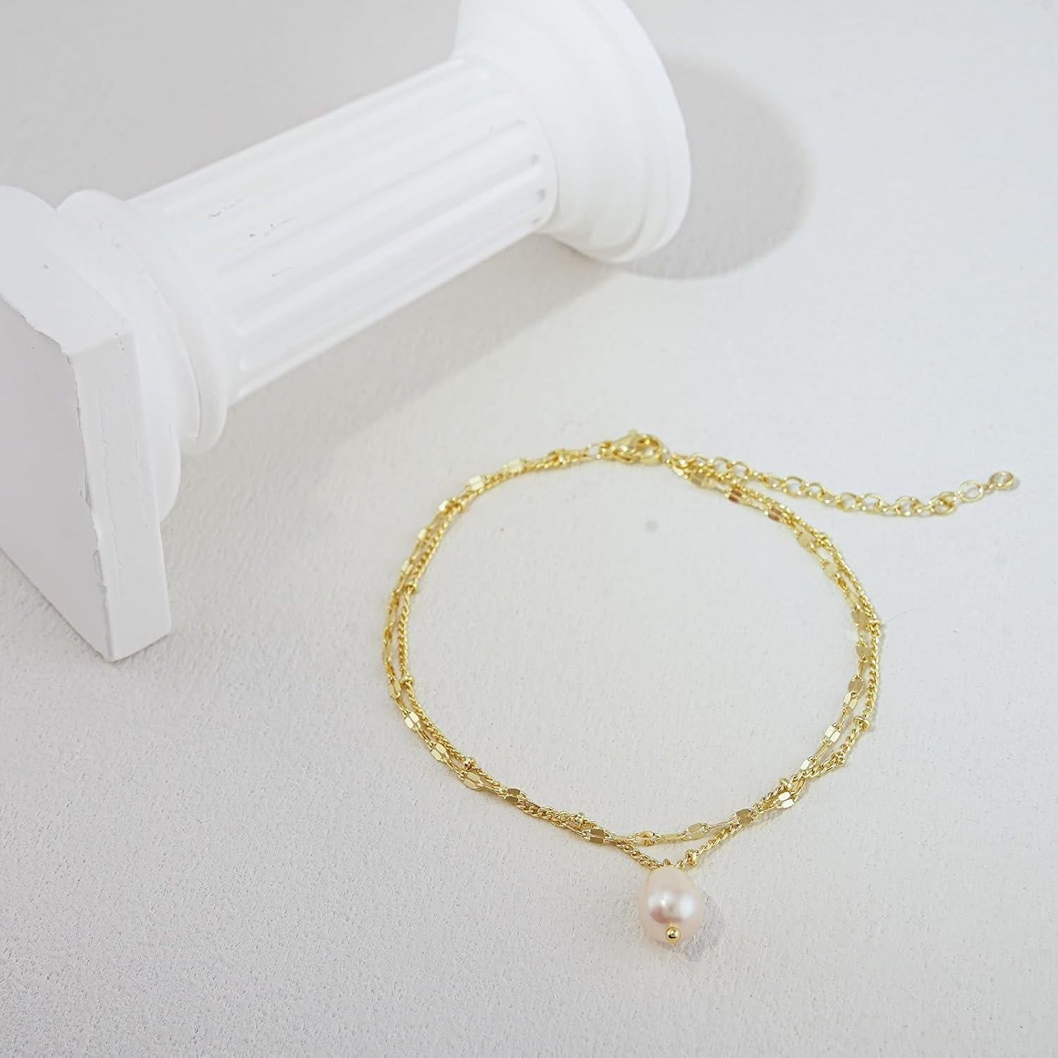 Pulsera de Tobillo Bheop Oro 14K Ajustable con Perla y Ojo Maligno