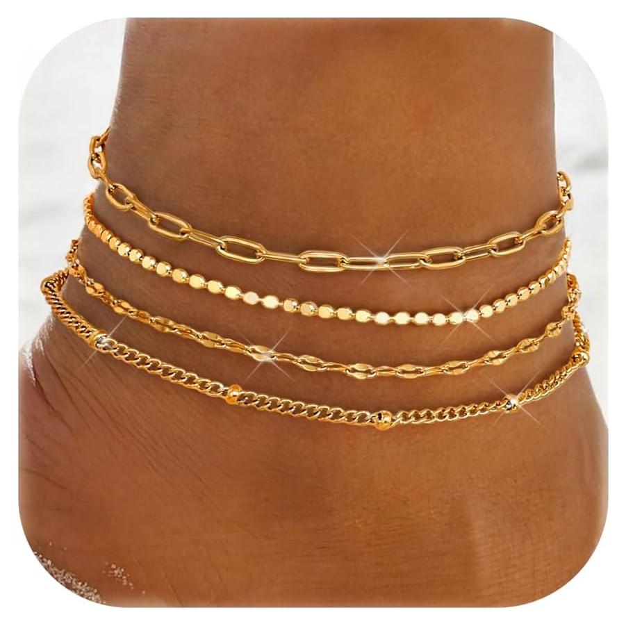 Tobilleras de Oro 14K LOYALLOOK para Mujeres Impermeables