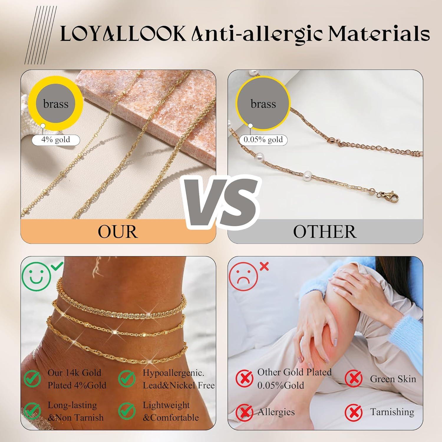 Tobilleras de Oro 14K LOYALLOOK para Mujeres Impermeables