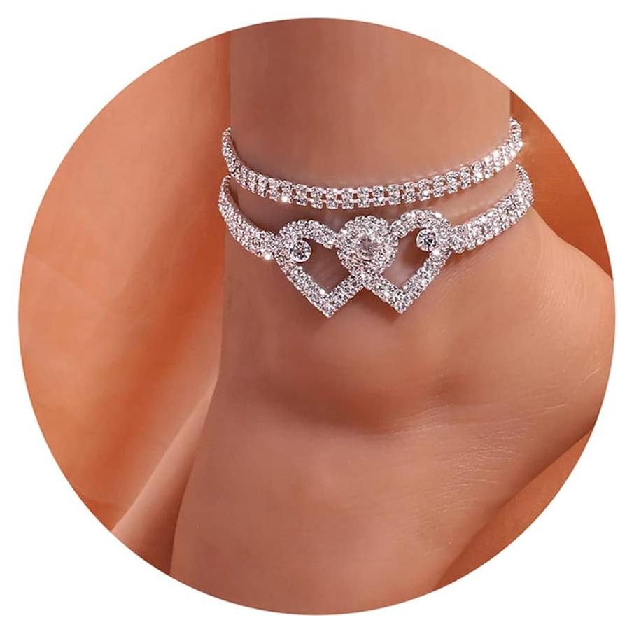 Pulsera de Tobillo Fesciory Plata Ajustable con Corazón y Brillantes
