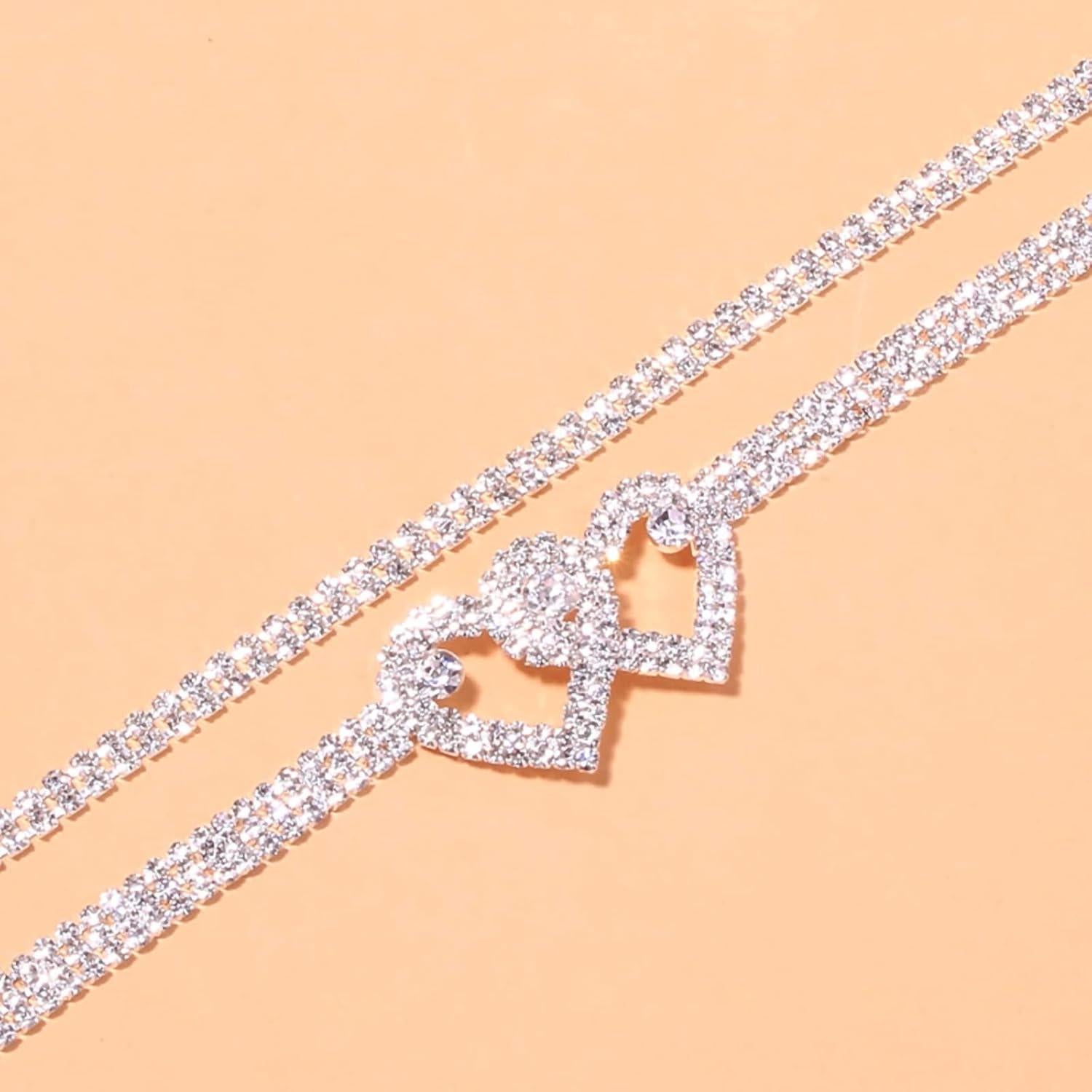 Pulsera de Tobillo Fesciory Plata Ajustable con Corazón y Brillantes
