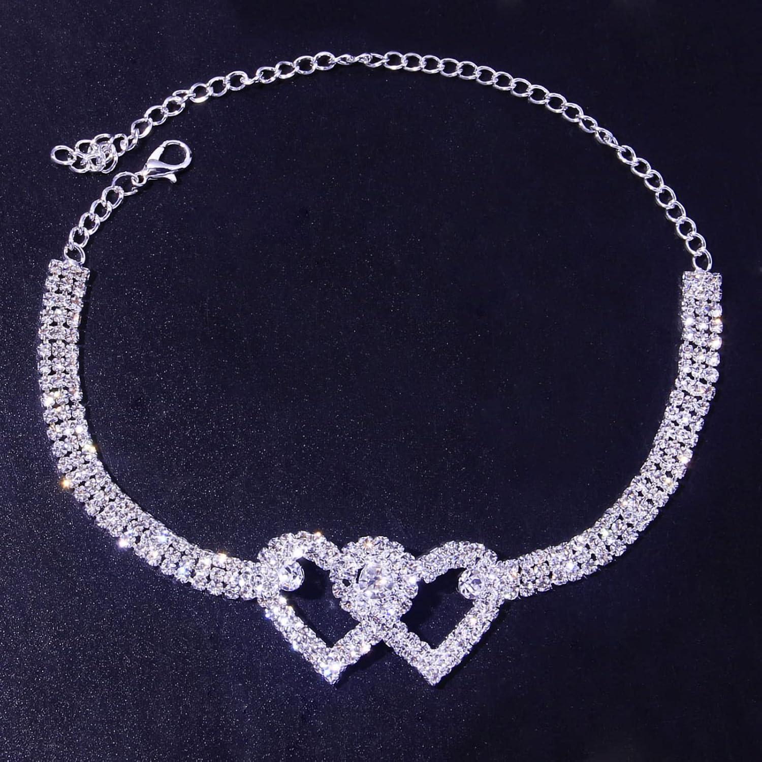 Pulsera de Tobillo Fesciory Plata Ajustable con Corazón y Brillantes