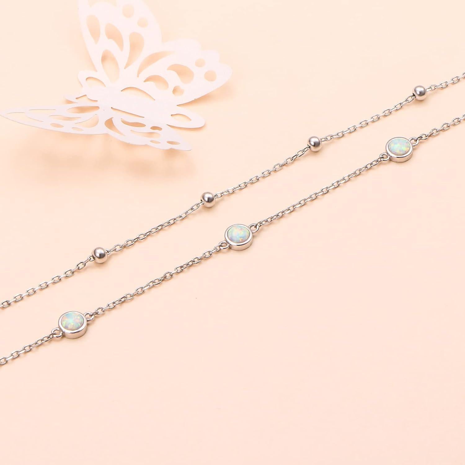 Pulsera de Tobillo FLYOW Plata Esterlina S925 Ajustable con Ópalo