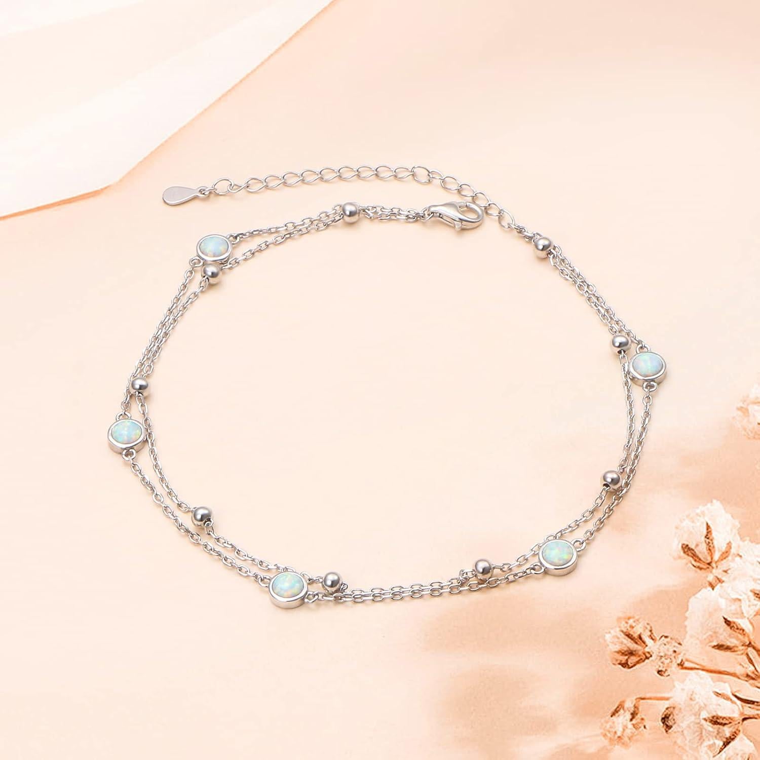 Pulsera de Tobillo FLYOW Plata Esterlina S925 Ajustable con Ópalo