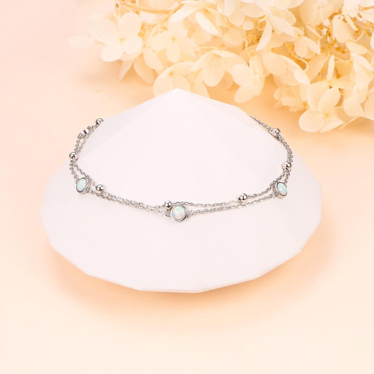 Pulsera de Tobillo FLYOW Plata Esterlina S925 Ajustable con Ópalo