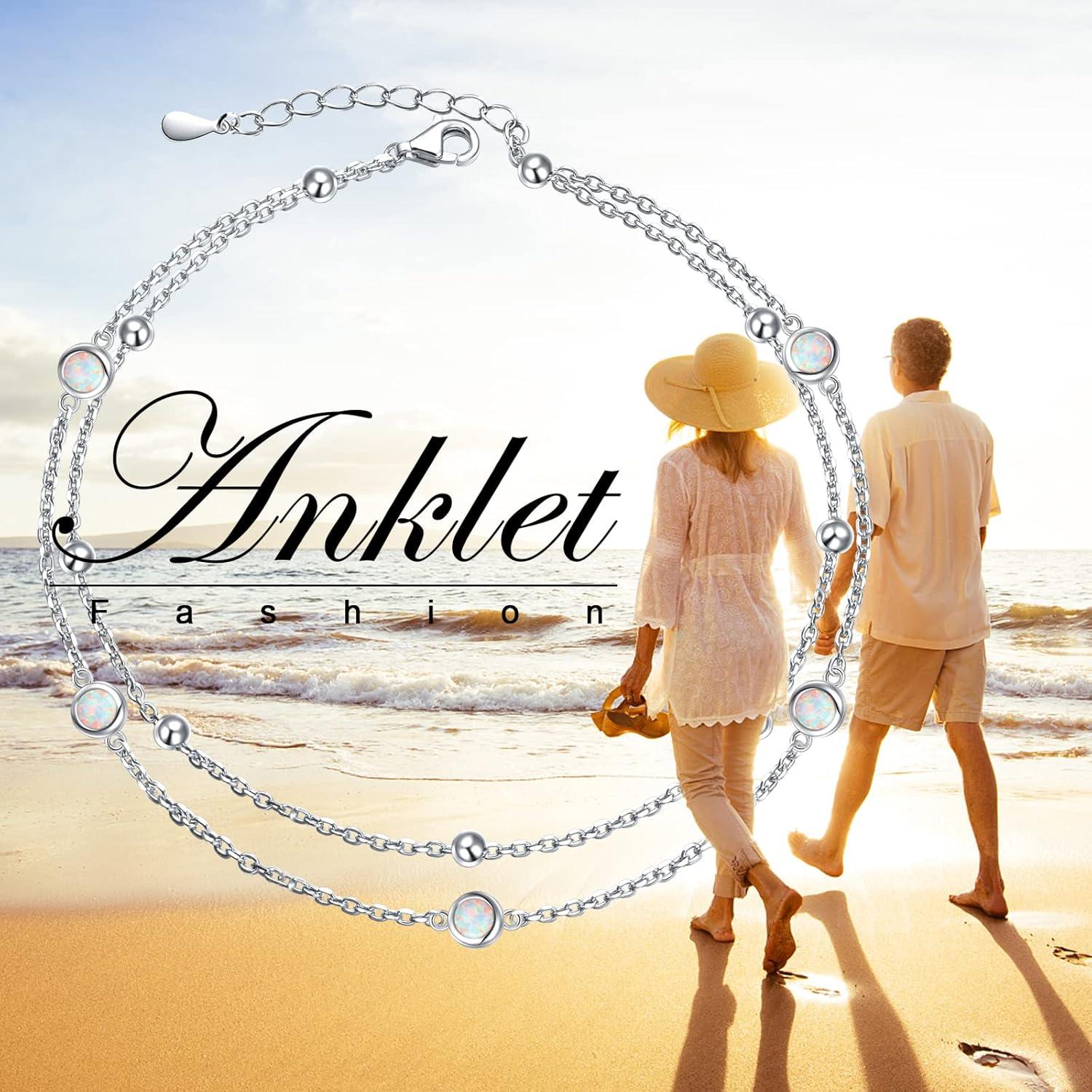 Pulsera de Tobillo FLYOW Plata Esterlina S925 Ajustable con Ópalo