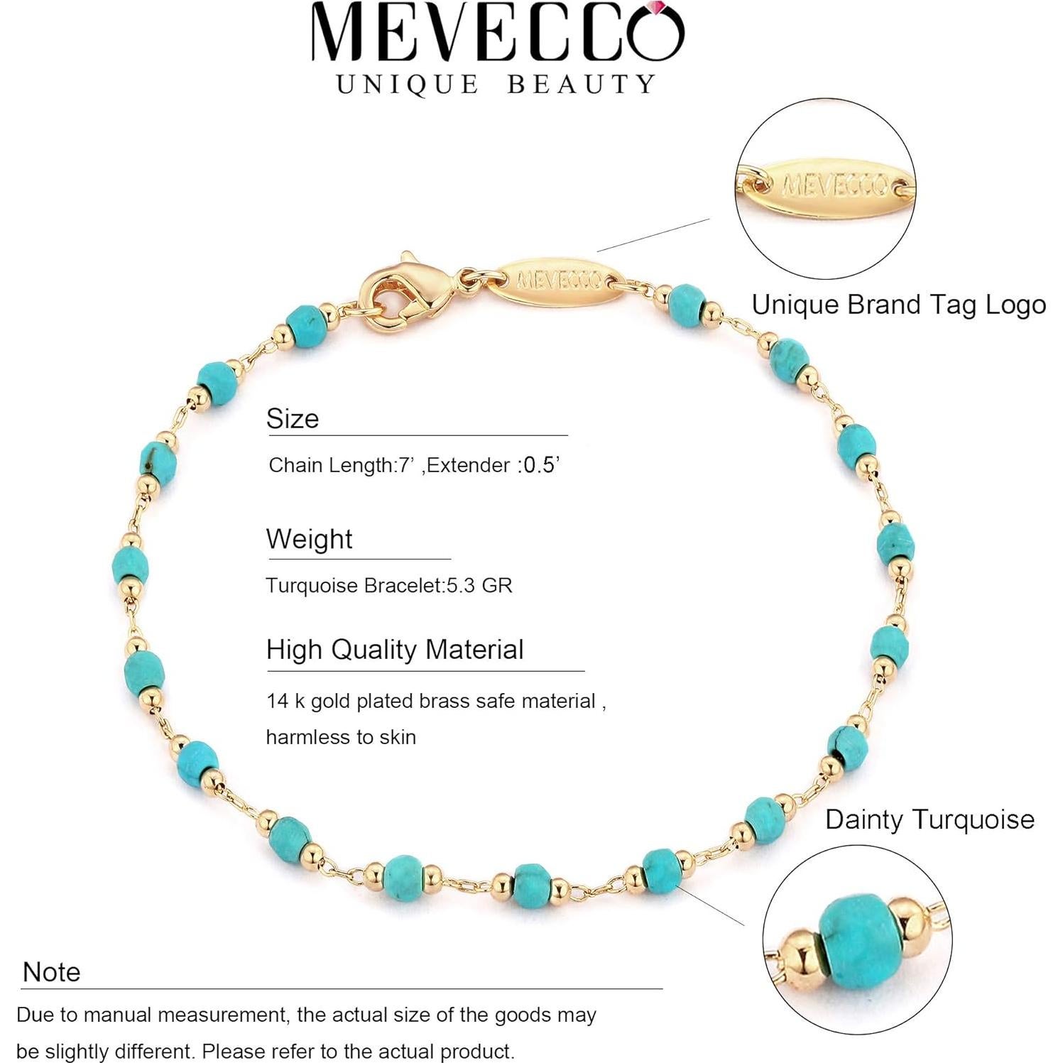 Pulsera de cuentas turquesa MEVECCO chapada en oro 18K 17.78 cm