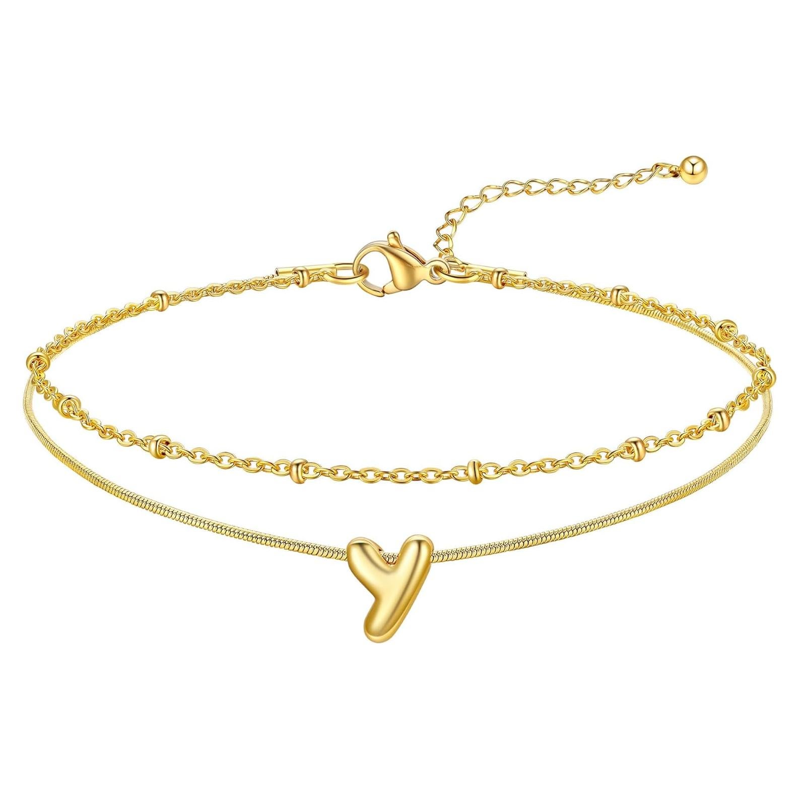 Pulsera Tobillera Inicial FOCALOOK Oro 14K Ajustable 21.6 cm