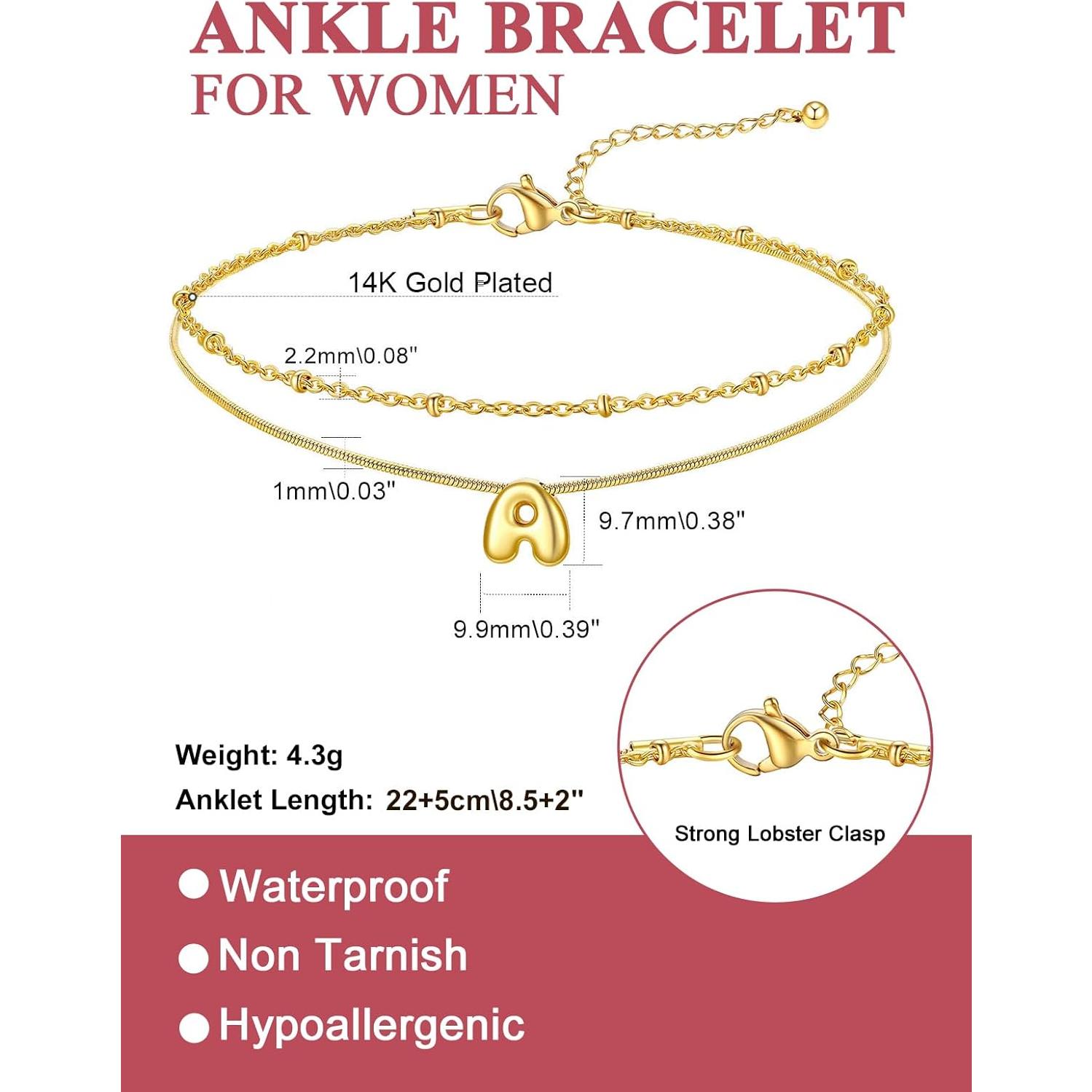 Pulsera Tobillera Inicial FOCALOOK Oro 14K Ajustable 21.6 cm