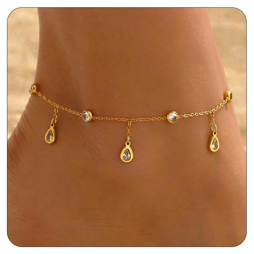 Pulsera de Tobillo Dorada 18K para Mujeres con Zafiro y Perlas