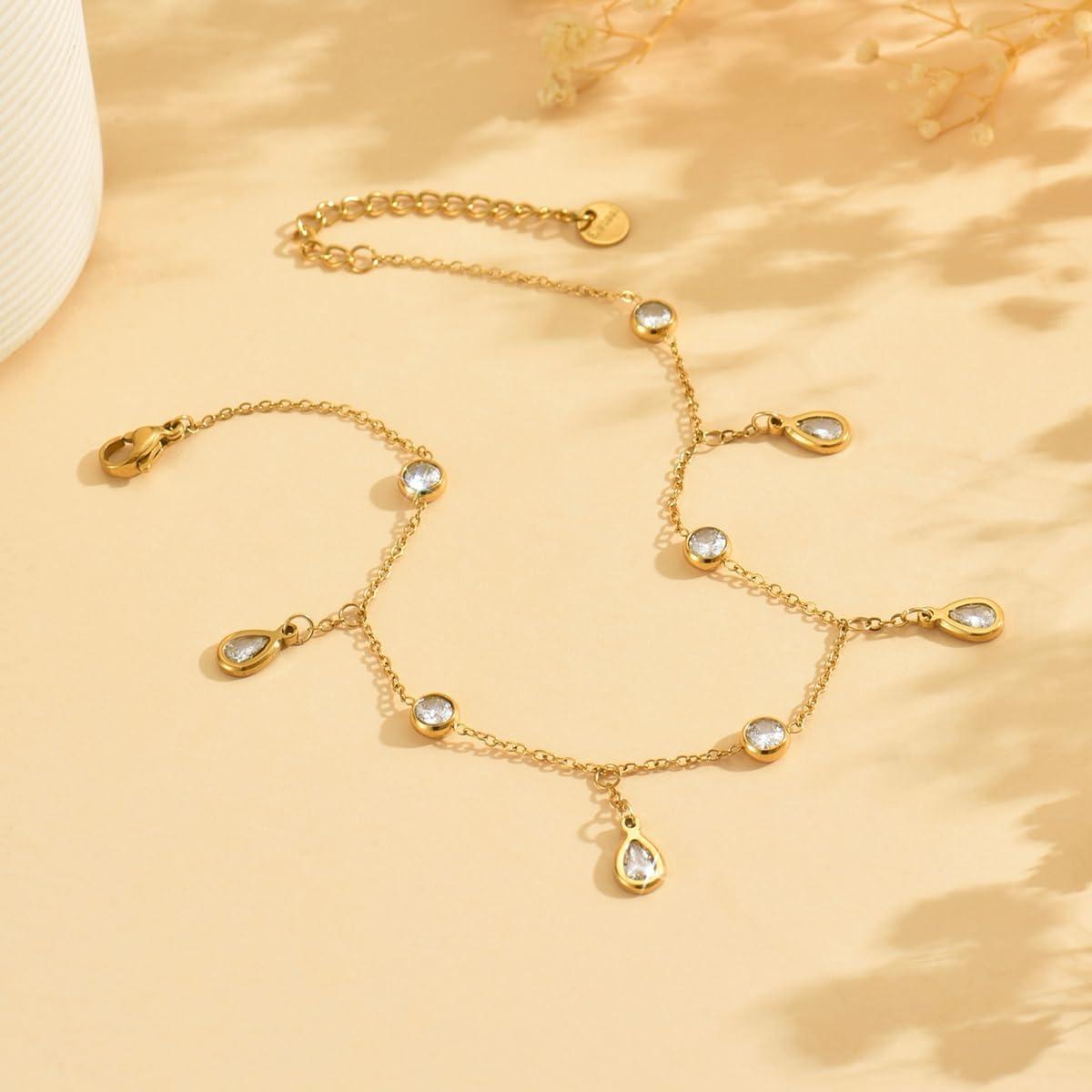 Pulsera de Tobillo Dorada 18K para Mujeres con Zafiro y Perlas