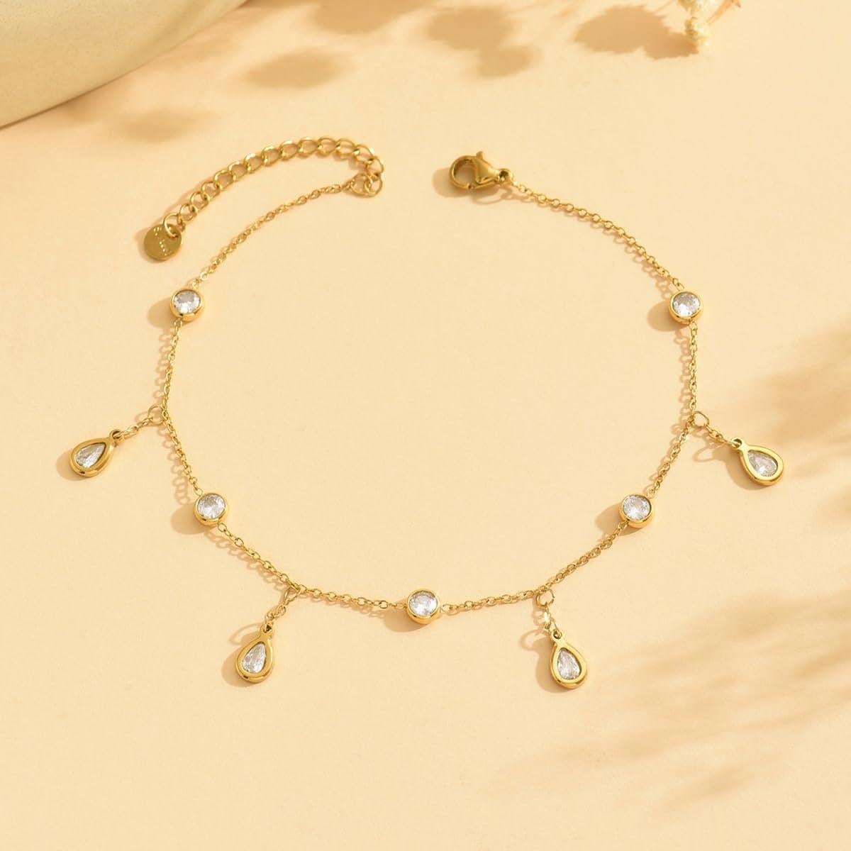 Pulsera de Tobillo Dorada 18K para Mujeres con Zafiro y Perlas