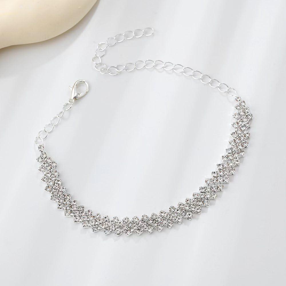 Tobilleras de plata y oro para mujer - Cadena ajustable con diamantes