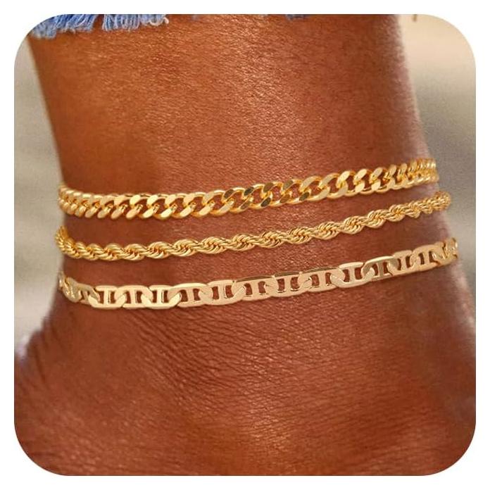 Tobilleras de Oro 14k para Mujeres Impermeables 3pcs