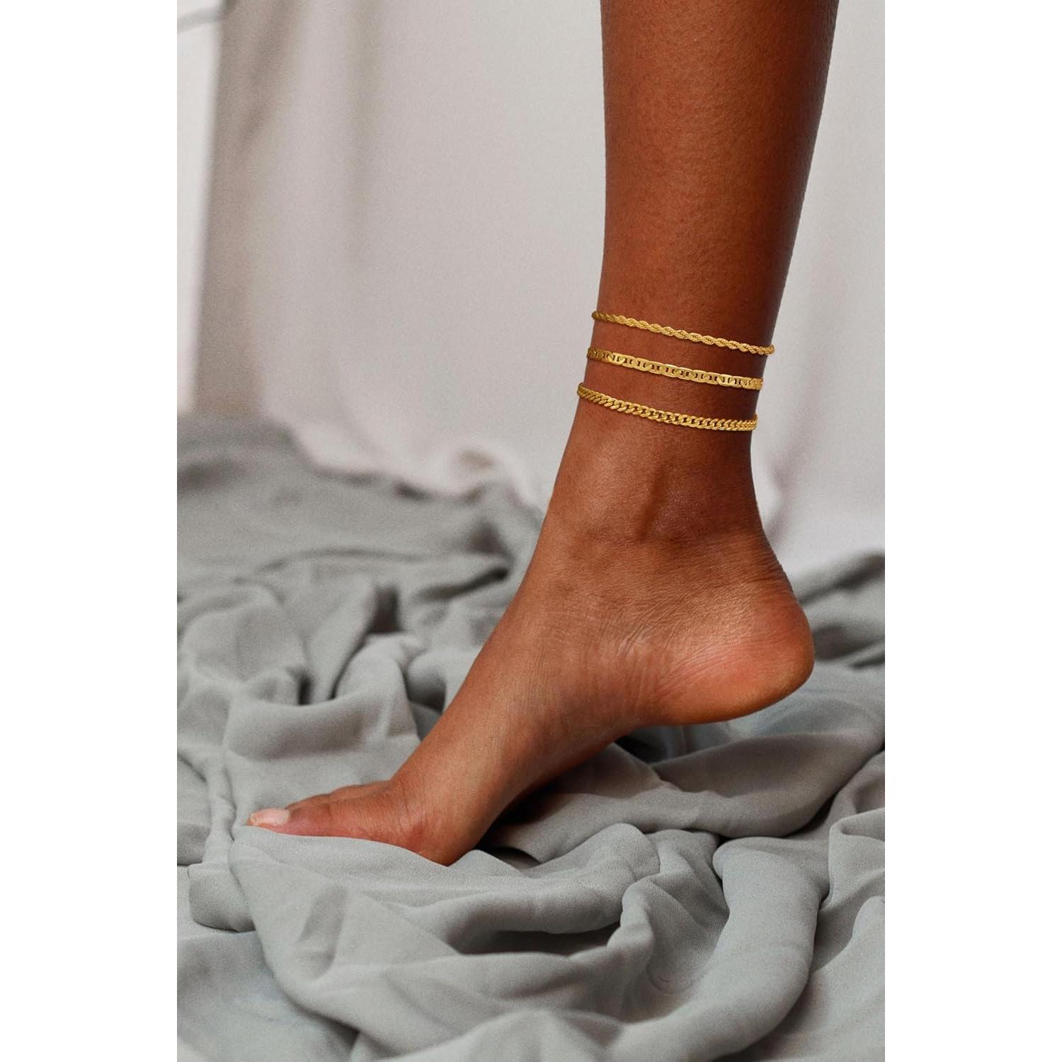 Tobilleras de Oro 14k para Mujeres Impermeables 3pcs