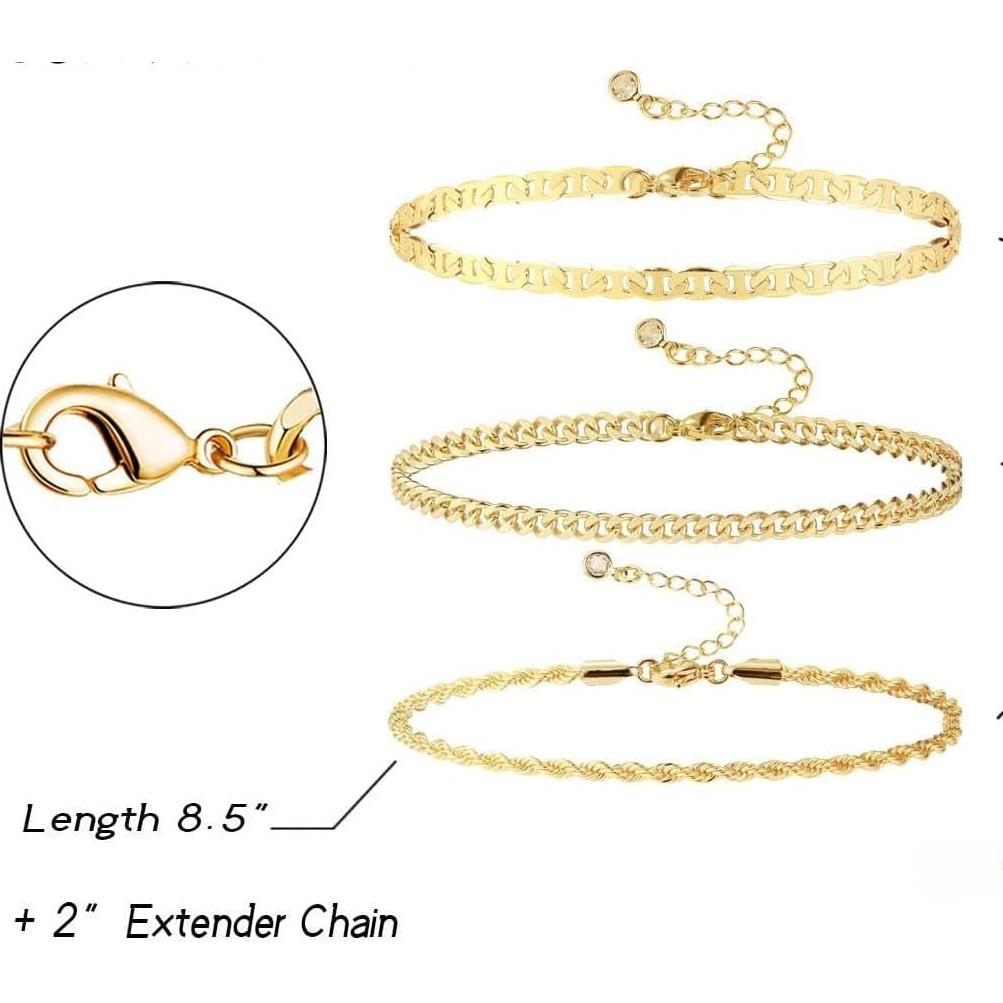 Tobilleras de Oro 14k para Mujeres Impermeables 3pcs