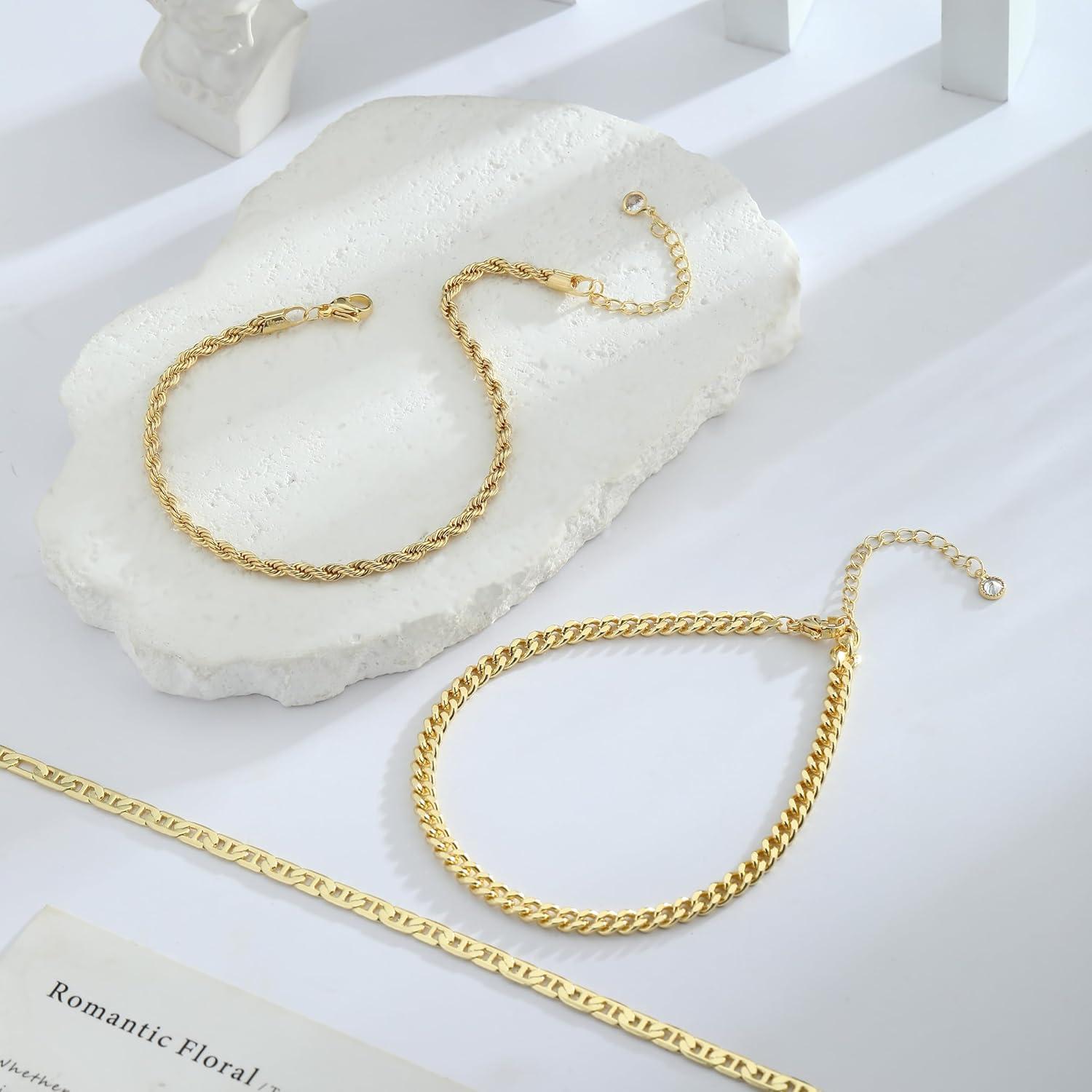 Tobilleras de Oro 14k para Mujeres Impermeables 3pcs