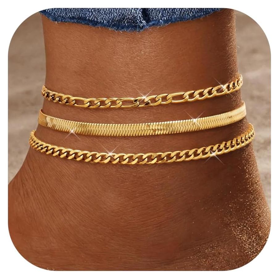 Pulseras de Tobillo Doradas LOYALLOOK 14K Ajustables 3pcs