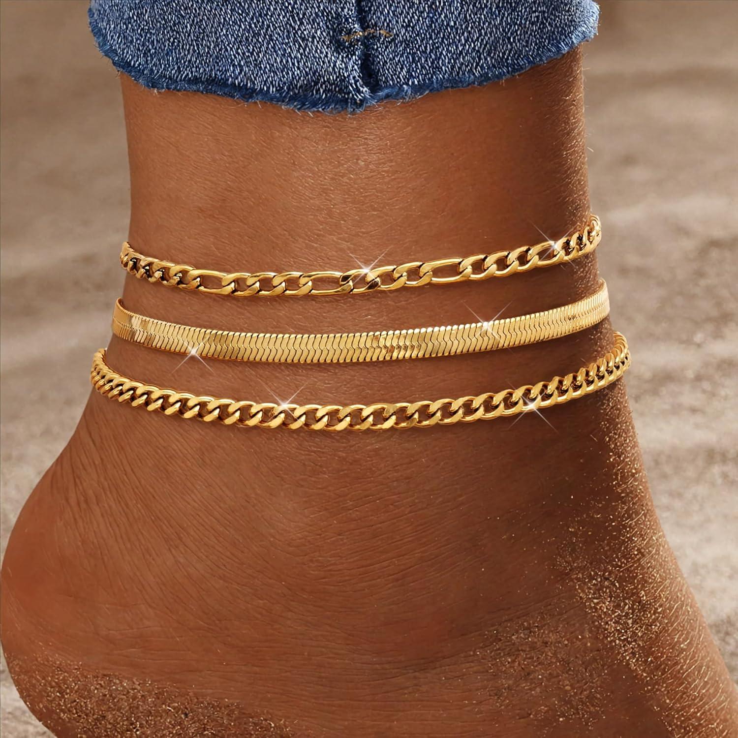 Pulseras de Tobillo Doradas LOYALLOOK 14K Ajustables 3pcs