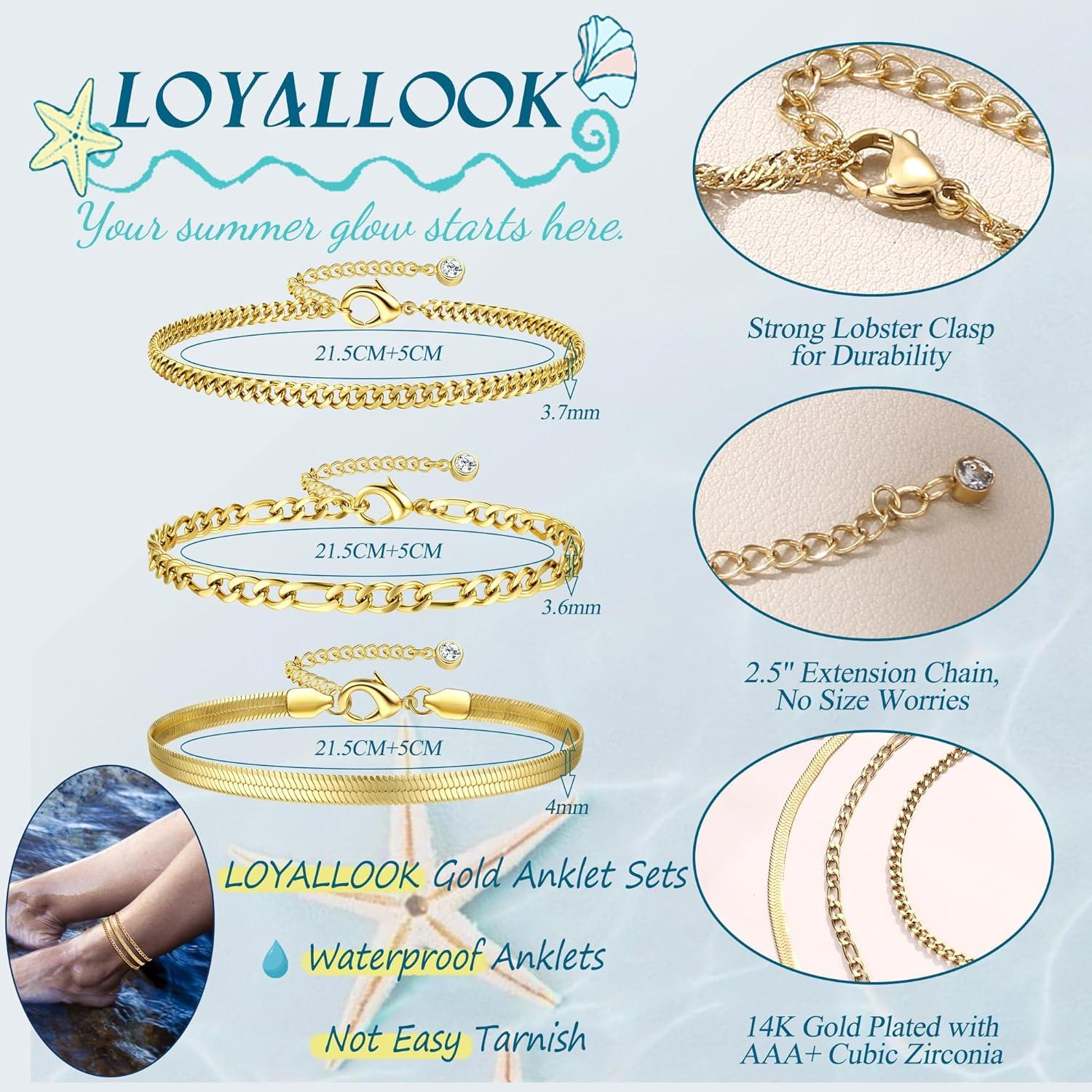 Pulseras de Tobillo Doradas LOYALLOOK 14K Ajustables 3pcs