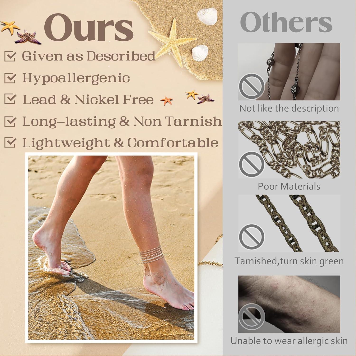 Pulseras de Tobillo Doradas LOYALLOOK 14K Ajustables 3pcs