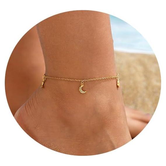 Tobillera de Oro 18K para Mujeres con Charm de Luna y Delfín
