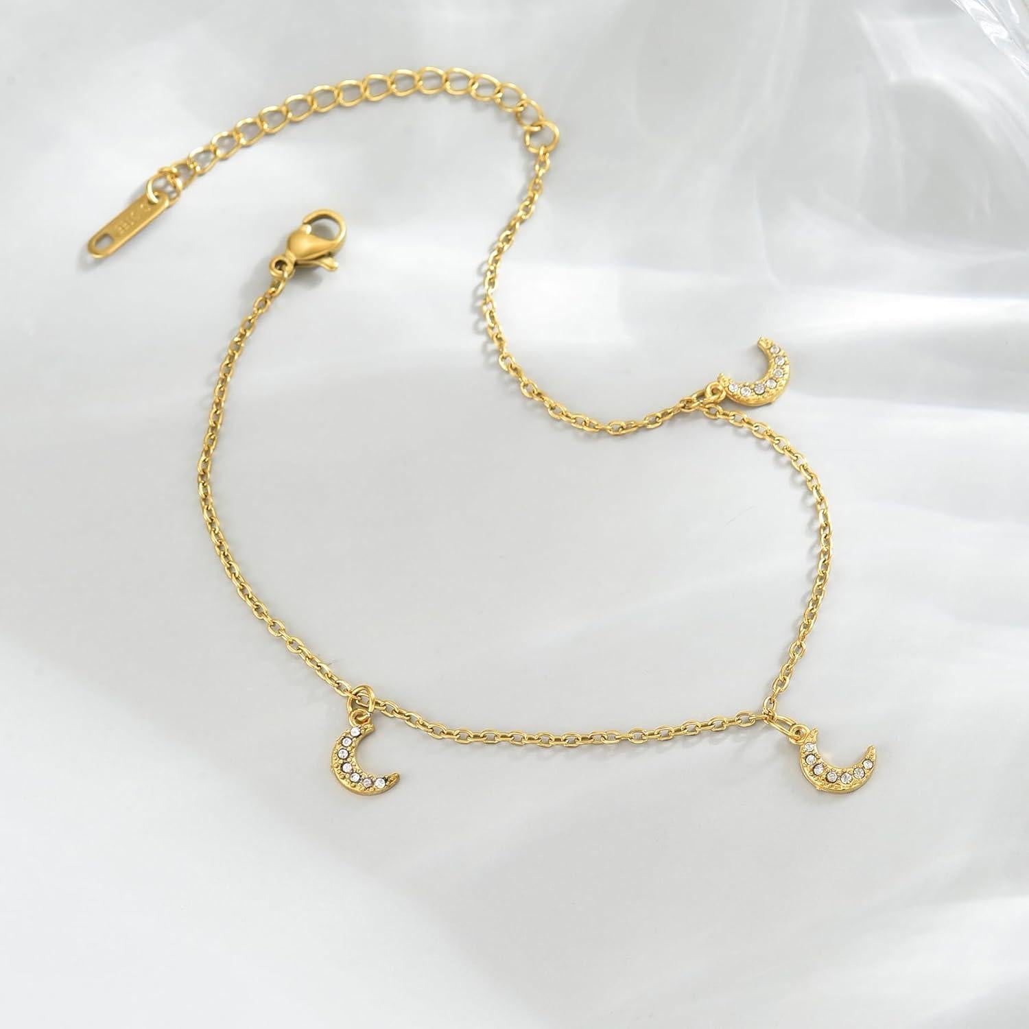Tobillera de Oro 18K para Mujeres con Charm de Luna y Delfín
