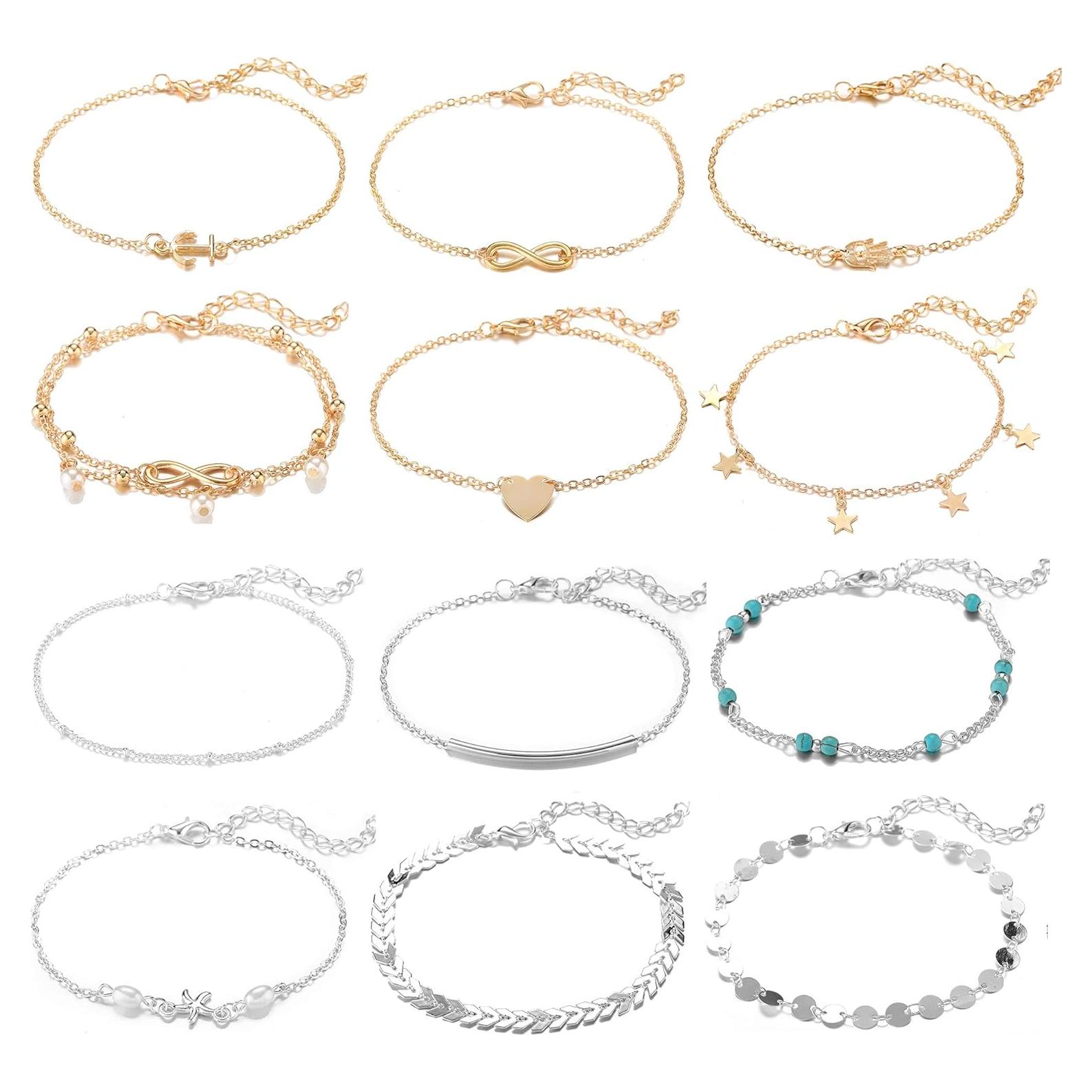 Conjunto de Pulseras de Tobillo Softones 12 Pcs Oro Plata Ajustable