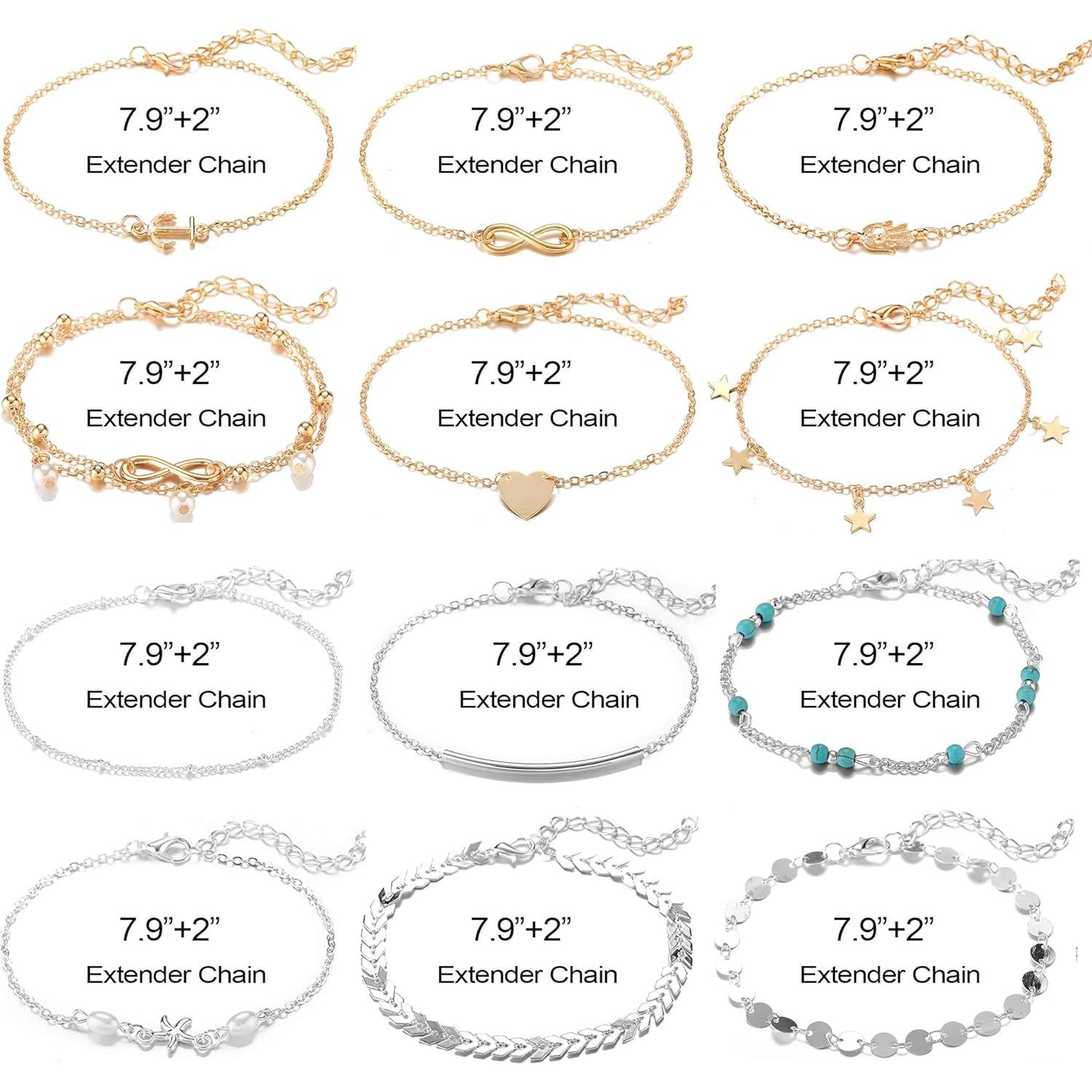 Conjunto de Pulseras de Tobillo Softones 12 Pcs Oro Plata Ajustable