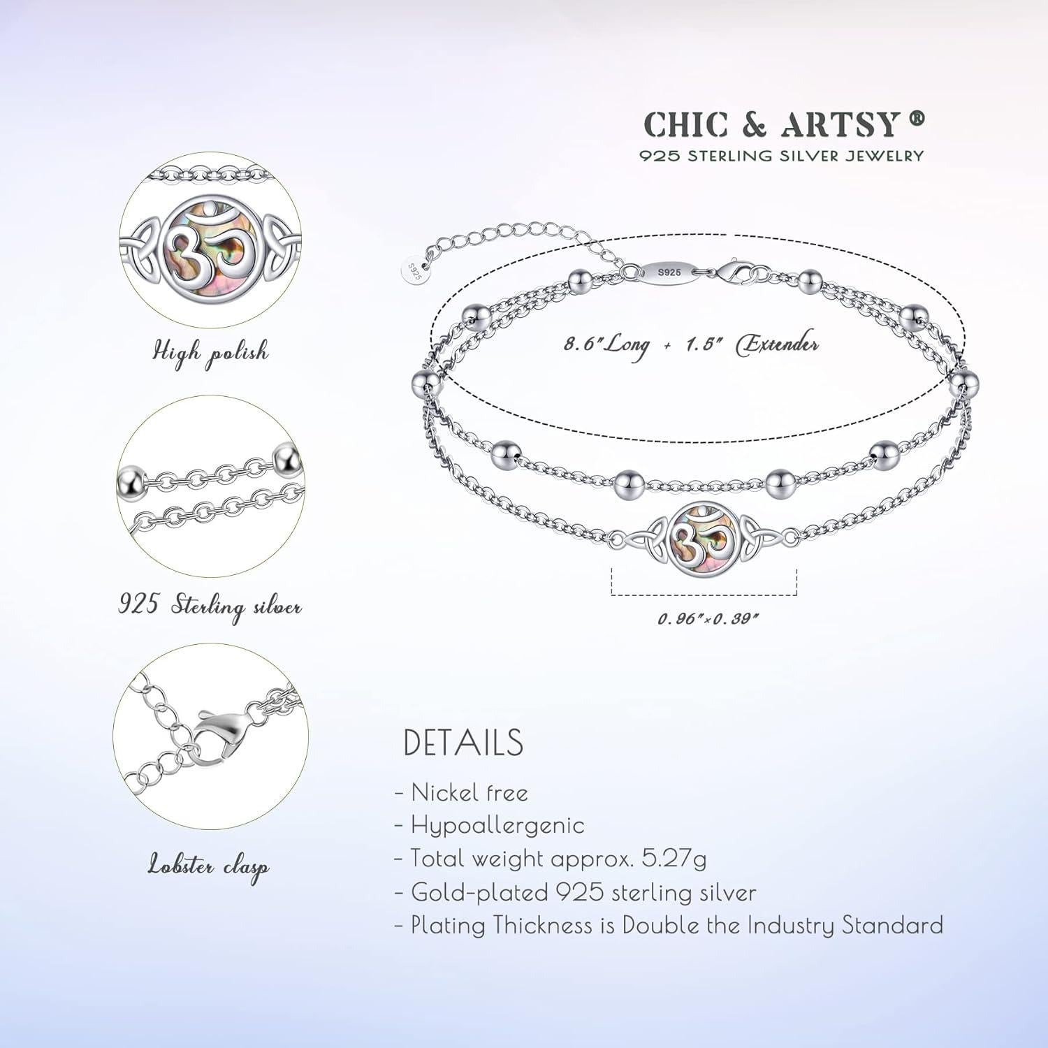 Tobillera Dainty S925 Plata Esterlina Ajustable para Mujeres 25.4-27.9 cm