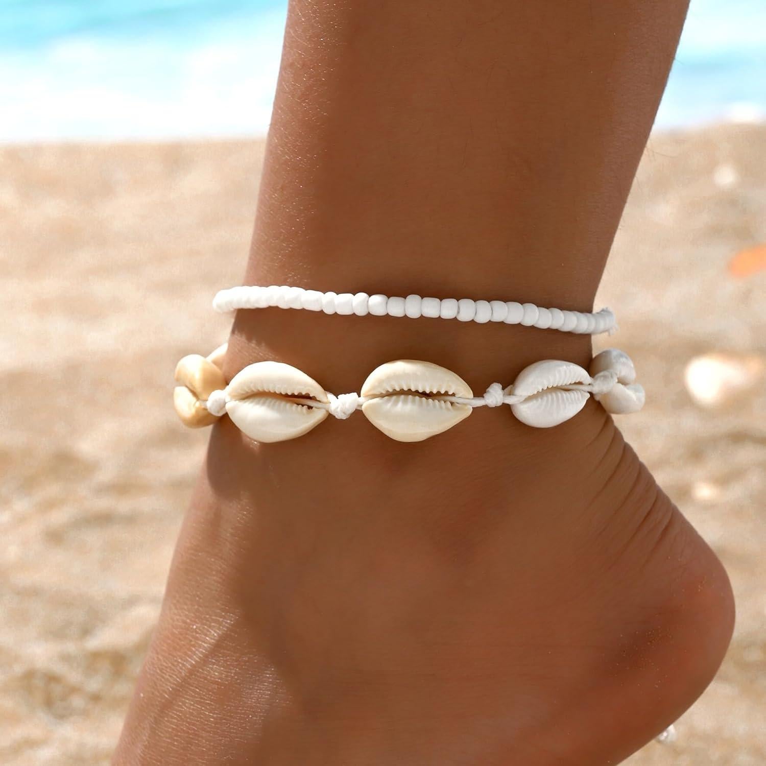 Pulseras de Tobillo Ajustables Boho de Playa con Conchas y Perlas
