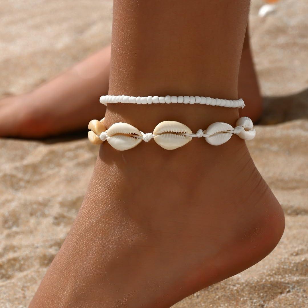 Pulseras de Tobillo Ajustables Boho de Playa con Conchas y Perlas