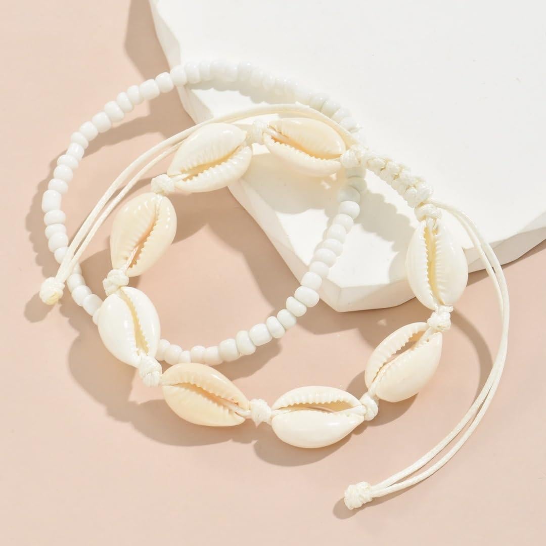 Pulseras de Tobillo Ajustables Boho de Playa con Conchas y Perlas