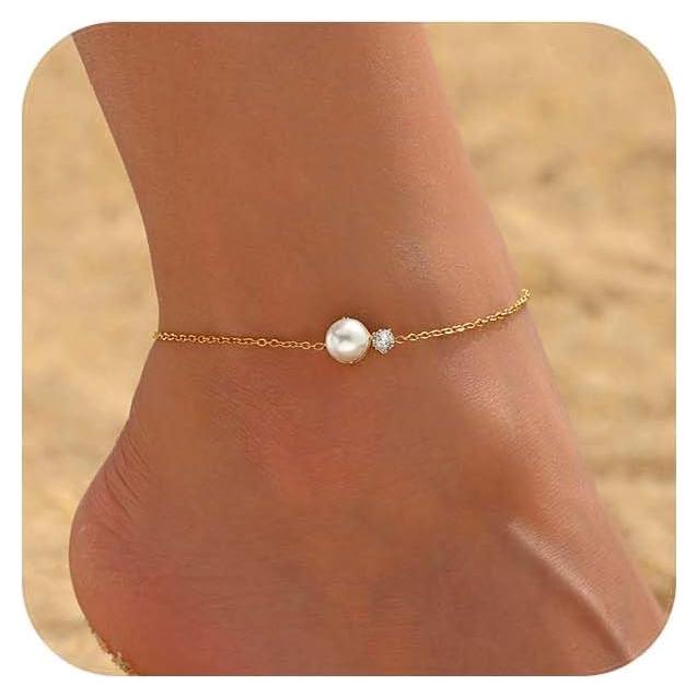 Pulsera de Tobillo de Oro 18K para Mujeres con Perlas CZ
