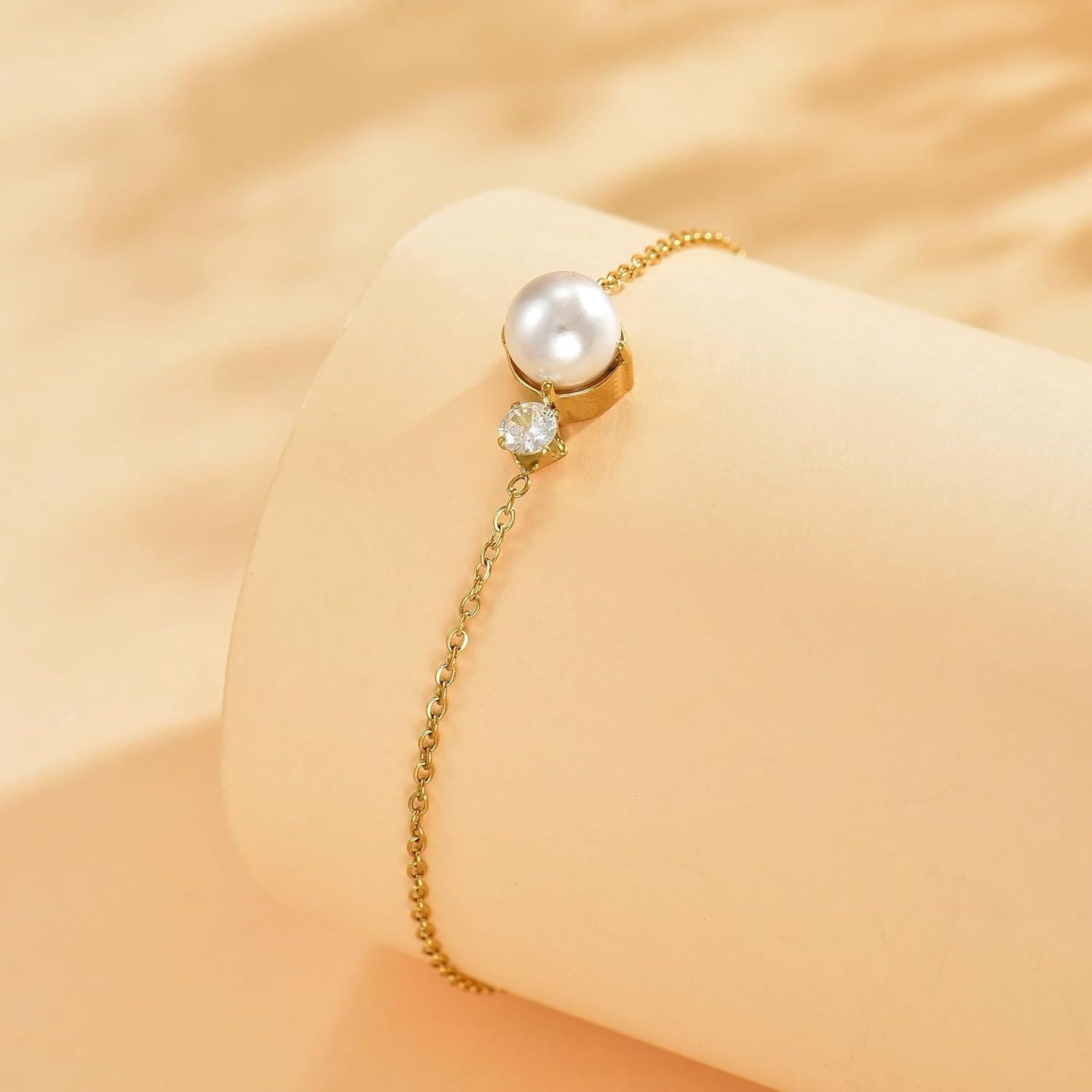 Pulsera de Tobillo de Oro 18K para Mujeres con Perlas CZ