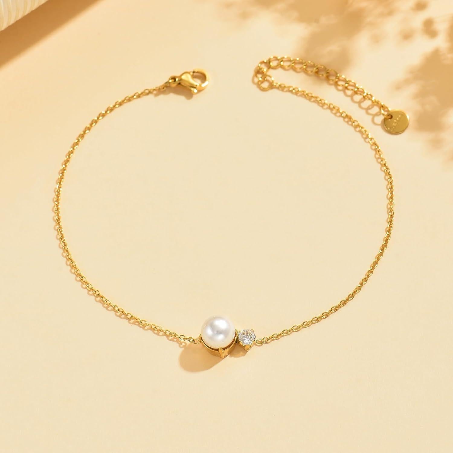 Pulsera de Tobillo de Oro 18K para Mujeres con Perlas CZ