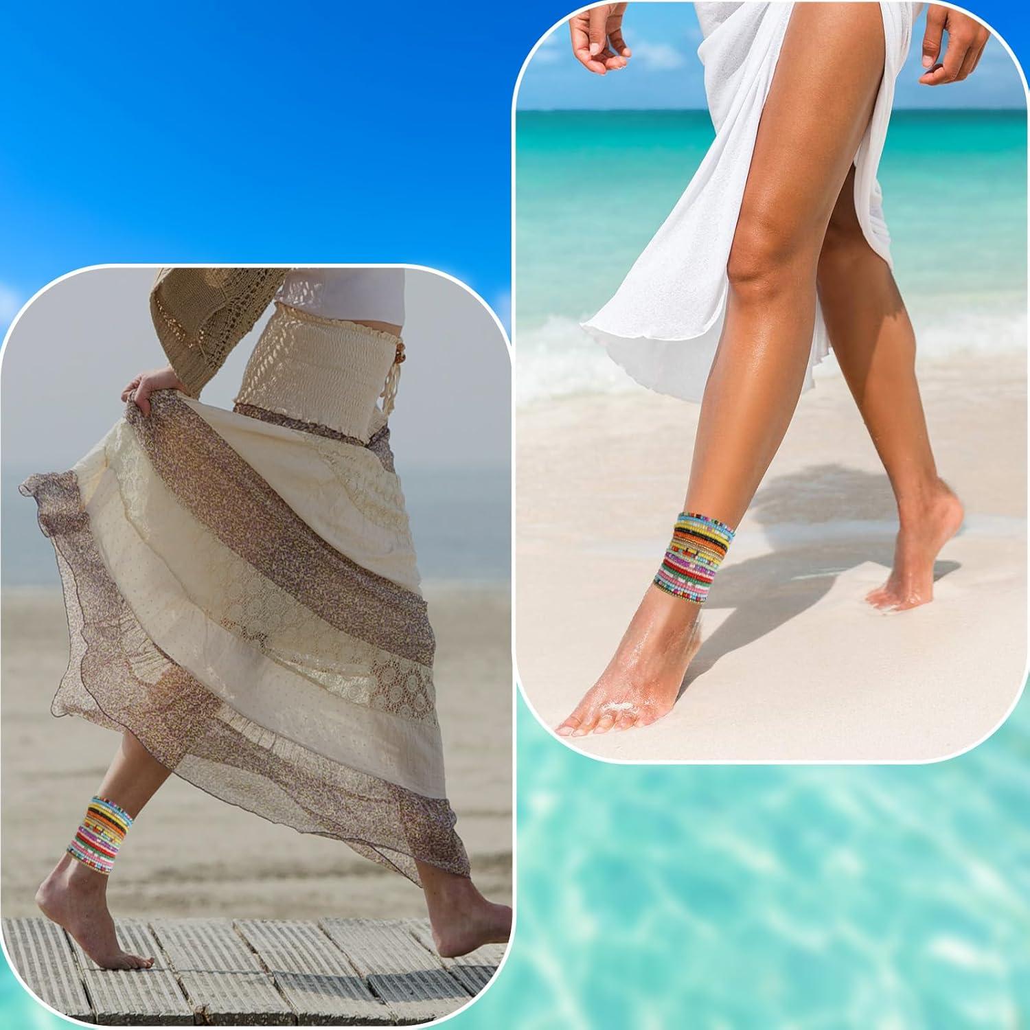 Conjunto 12 Pulseras de Tobillo Elásticas Boho Coloridas para Mujeres