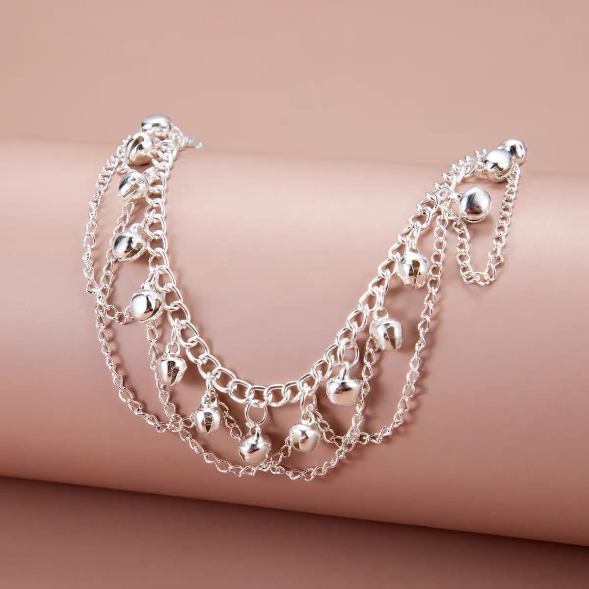 Pulsera de Tobillo Boho con Campanas de Plata Ajustable 22.5 cm