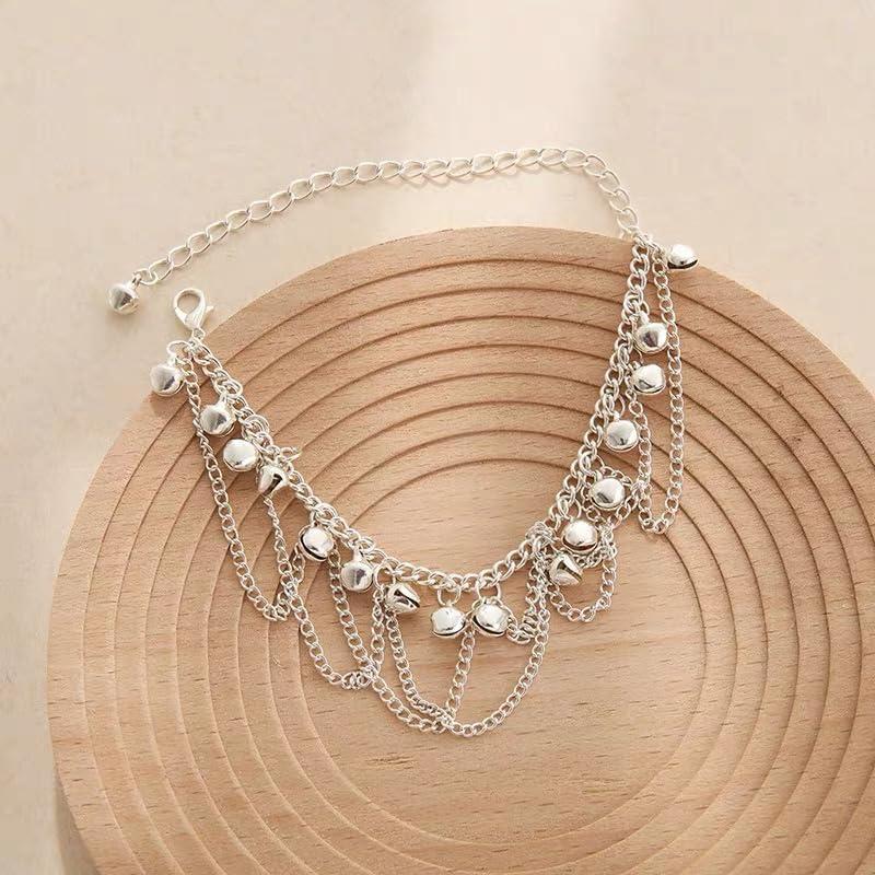 Pulsera de Tobillo Boho con Campanas de Plata Ajustable 22.5 cm